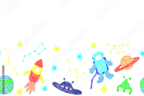 Seamless border with hand drawn stars, flying sauer, planet, mars rover, rocket, earth planet,constellations on white background in childrens naive style.