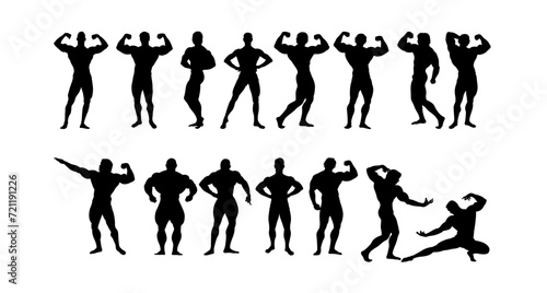  Bodybuilder pose silhouette, muscular guy, Sport man strong arms show in different pose. great set collection clip art Silhouette , Black vector illustration on white background.