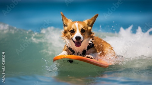 Portrait of a happy dog surfing on a bright summer day. Smiling furry dog surfing on the waves. Cheerful animal surfing the ocean waves on a warm summer day. Cute dog on a surfboard. © Valua Vitaly