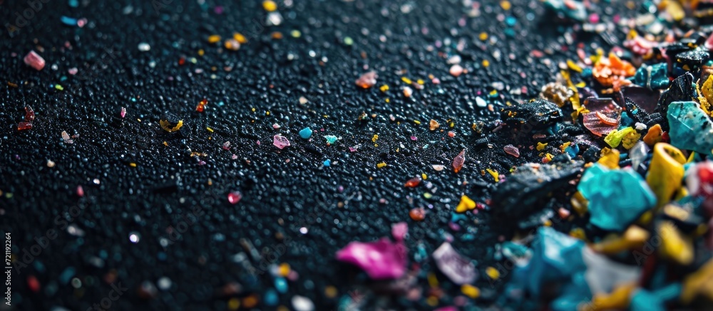 Macro photograph of non-recyclable microplastic particles on a dark background, symbolizing water pollution and global warming. - obrazy, fototapety, plakaty 
