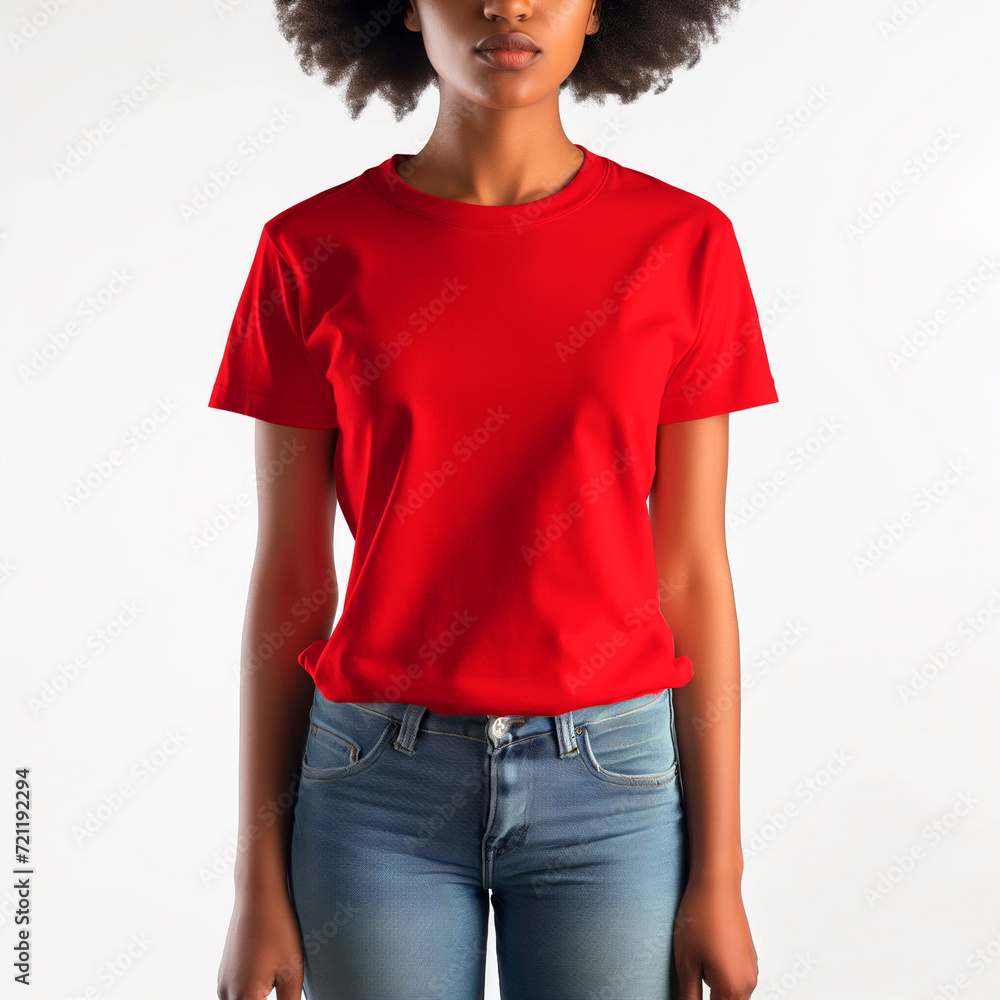 Red T-shirt Mockup, Black Woman, Girl, Female, Model, Wearing a Red Tee Shirt and Blue Jeans, Blank Shirt Template, White Background, Close-up View Red T-shirt Mockup, Black Woman, Girl, Female, Model, Wearing a Red Tee Shirt and Blue Jeans, Blank Shirt Template, White Background, Close-up View