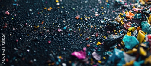 Macro photograph of non-recyclable microplastic particles on a dark background, symbolizing water pollution and global warming. photo