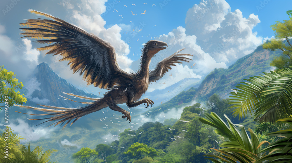 AI imagination of a Microraptor dinosaur. AI generated