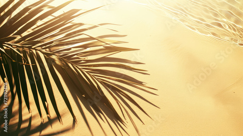 Palm leaves on an abstract beach background with sand and water, sun lights on the surface of the water, beautiful abstract background for design.