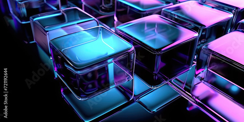 3d abstract modern blue glass cubes on black background, geometric background, transparent cubes