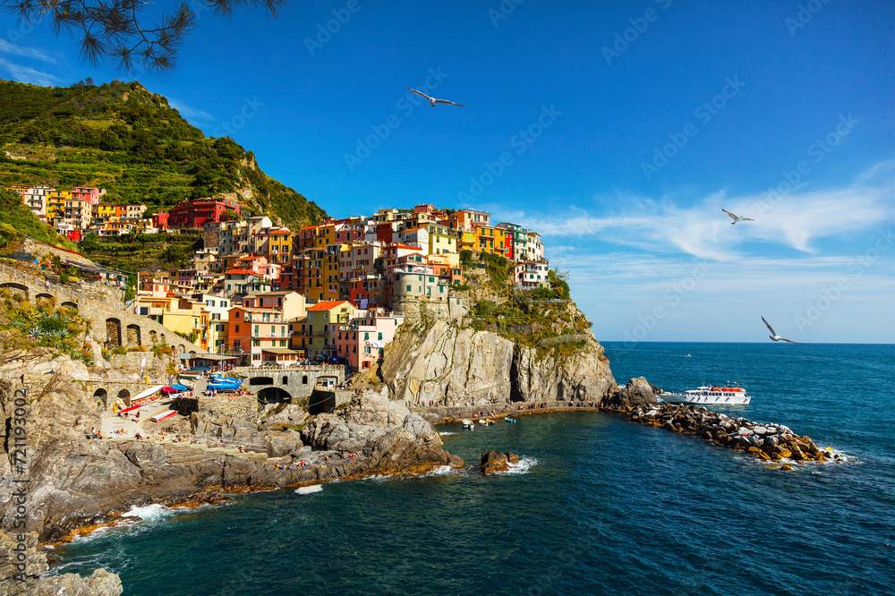 View of the colorful small town of Manarola, Cinque Terre, Liguria region, Italy.