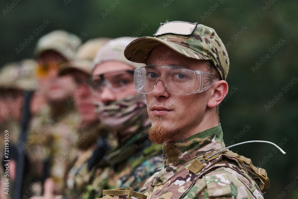 Fototapeta premium Soldier fighters standing together with guns. Group portrait of US army elite members, private military company servicemen, anti terrorist squad
