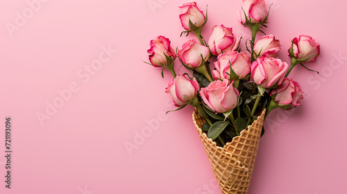 Waffle cone with roses bouquet on pink