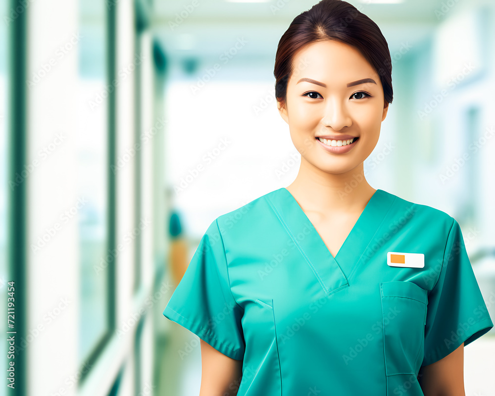 Fototapeta premium asian female nurse in hospital corridor, healthcare and medical concept