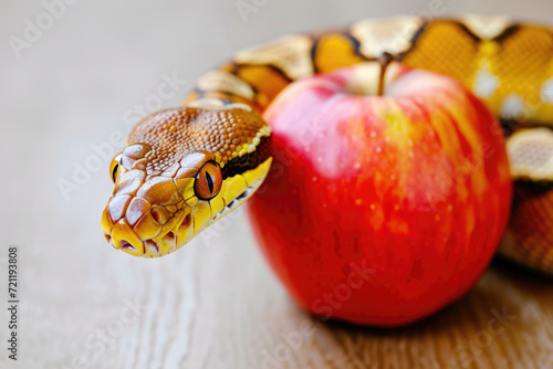 A snake wraps itself around an apple. Forbidden fruit concept.