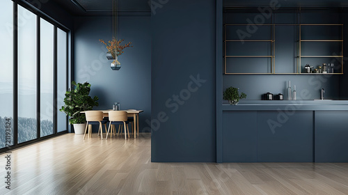 modern interior blue room  dark blue wall in kitchen and minimalist interior design