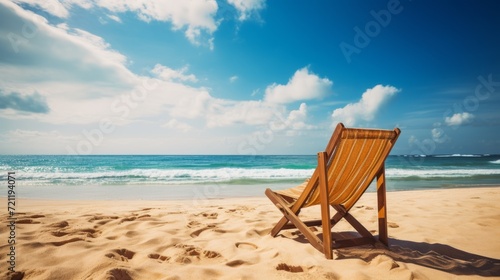 Beach chair on a tropical beach on a bright summer day. Summer vacation concept. Deck chair standing on a sandy coast. Sand beach with a chair composition. Travel and holidays.