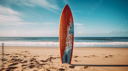 Surfboard on the beach. Beautiful board standing on a sandy shore on a bright summer day. Surfing and surfboard rental concept. Vacation activities. Surfing board on the beach.