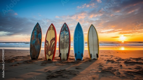 Surfboards on the beach. Beautiful boards standing on a sandy shore on a bright summer day. Surfing and surfboard rental concept. Vacation activities. Surfing boards on the beach at sunset.