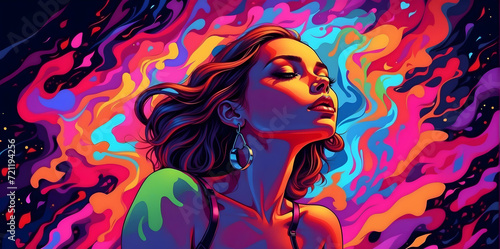 bold neon colors, cartoon style illustration of a woman as she sees the world while experiencing hallucinations, stoned, splash art, splashed neon colors, 
