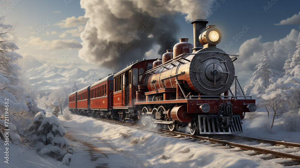 Fototapeta premium train on the snowy railway