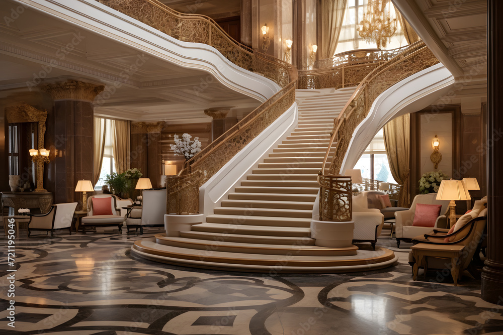 Elegant Hotel Lobby with a Grand Staircase