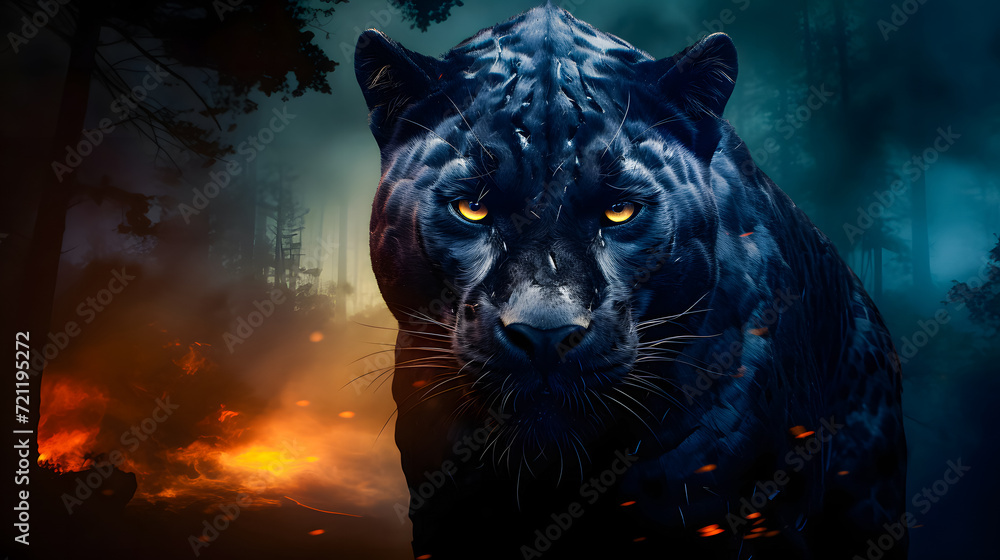Black Panther Panthera Pardus in the forest background, black jaguar, jaguar panther wilderness nature Black Panther Panthera Pardus in the forest background, black jaguar, jaguar panther wilderness nature