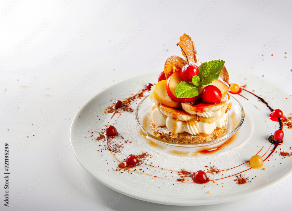 delicious sweet apple cake dessert with topping on white background, professional plating of luxury hotel food delicious sweet apple cake dessert with topping on white background, professional plating of luxury hotel food