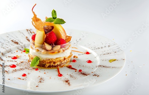 delicious sweet apple cake dessert with topping on white background, professional plating of luxury hotel food