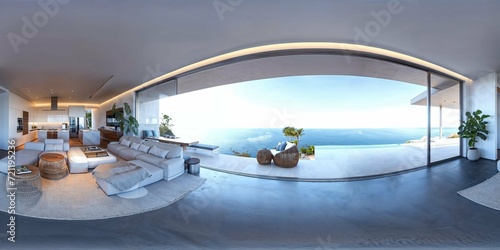 vue panoramique 360x180° d'un appartement avec vue sur mer