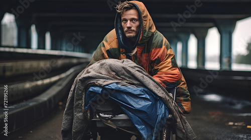 A homeless man with a cart of his belongings stands under a bridge in a European city