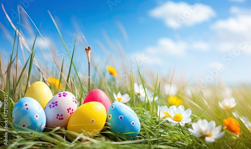 Colorful Easter Eggs in Vibrant Hues Contrasting with Lush Green Grass