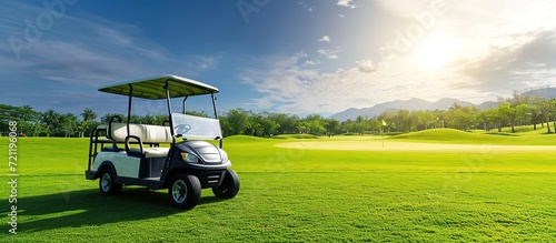 Golf cart car on the fairway of a golf course with fresh green grass and a sky of clouds and trees photo