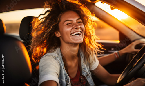 Sunset Adventure: Cheerful Female Friends on a Car Road Trip © Bartek