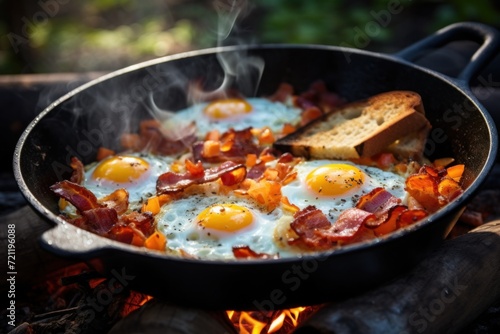 scrambled eggs and bacon on a camping frying pan cooked over an open fire at a campsite