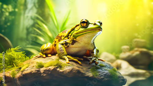 Frog sitting on a branch in the rainforest. Wildlife scene from nature. 3D rendering