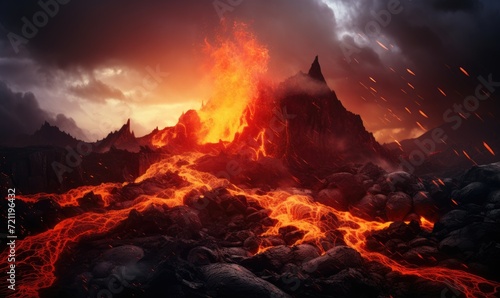 Volcanic Eruption Spewing Molten Lava into Surrounding Area