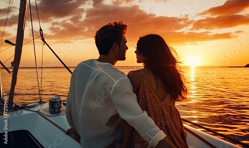 Serenity at Dusk: A Romantic Couple Enjoying a Scenic Boat Ride