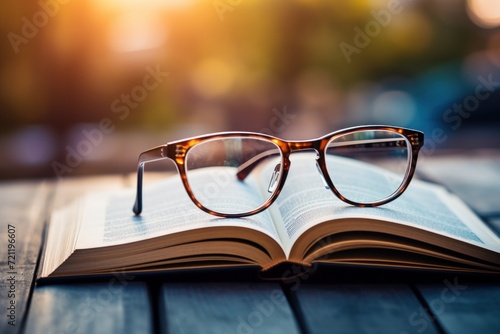 Reading glasses lie on an open book in the garden