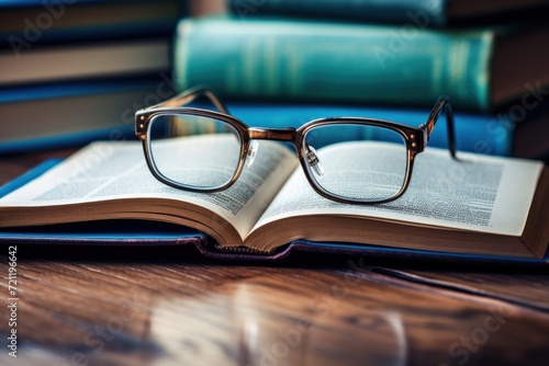 reading glasses lie on an open book
