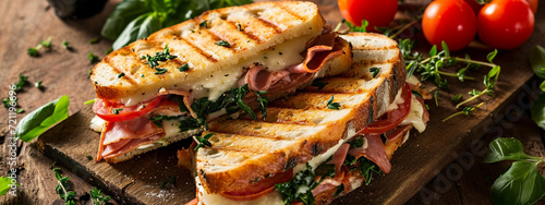 Grilled and pressed toast with smoked ham, cheese, tomato and lettuce served on wooden cutting board photo