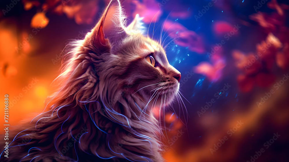 Red Maine Coon cat on a fantasy background. Fluffy pet.