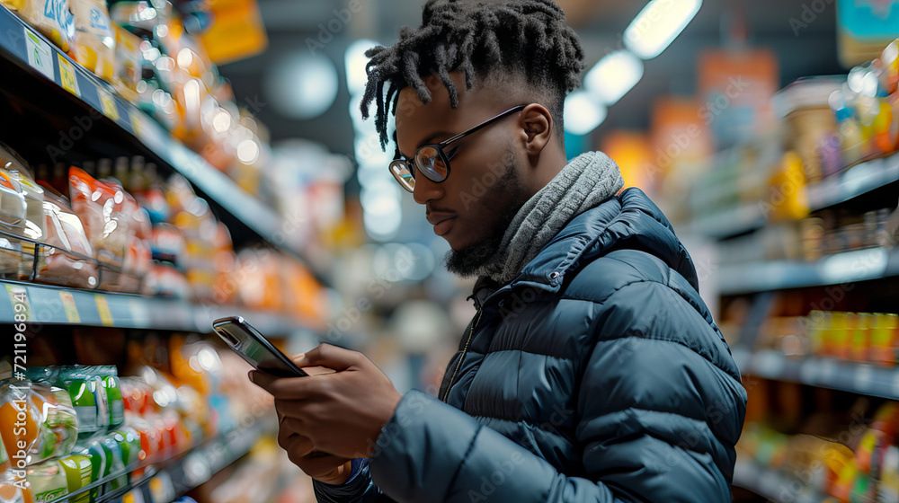 Smart Shopping with Smartphone Assistance, person consults their smartphone amidst grocery shopping, reflecting modern consumer habits in a supermarket aisle Smart Shopping with Smartphone Assistance, person consults their smartphone amidst grocery shopping, reflecting modern consumer habits in a supermarket aisle