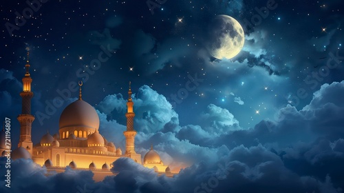 the mosque with clouds at night decorated with the moon and stars. Generative AI
