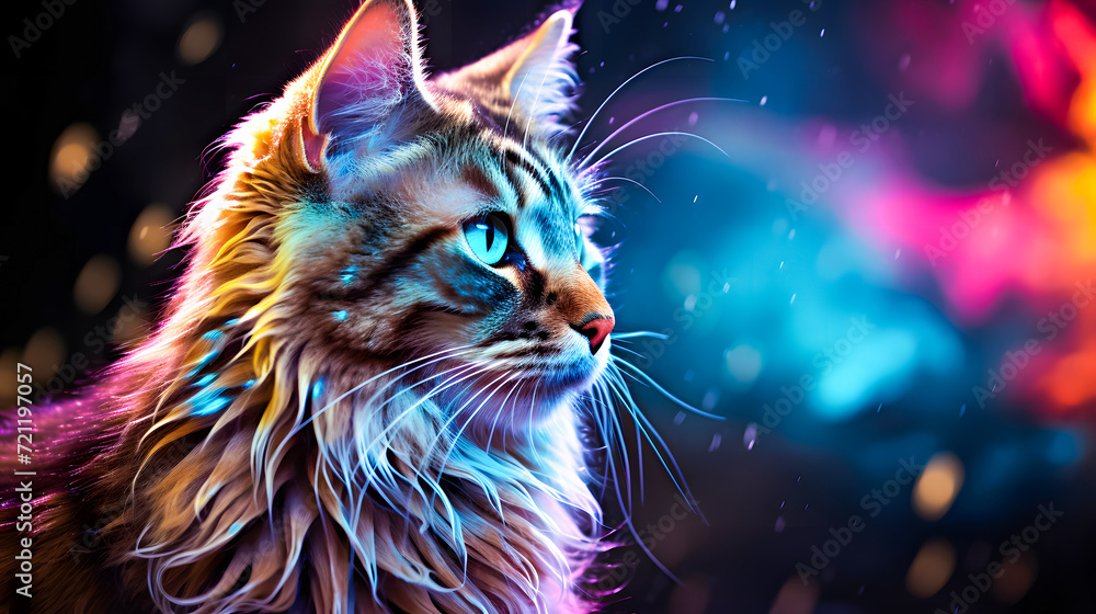Red Maine Coon cat on a fantasy background. Fluffy pet.