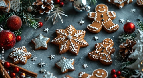 Festive Holiday Background with Silver Stars and Gingerbread Men