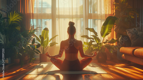 Sunlit Yoga Serenity at Home, tranquil scene of a person in meditation pose, basking in the warm glow of morning sunlight filtering through a window in a plant-filled room