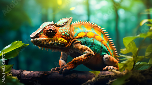 Colorful chameleon on a branch in the forest. Wildlife scene with chameleon background