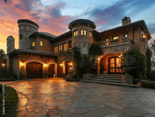 Sunset Splendor: Luxury Home with Turret Tower, Three Garages, and Modern Architecture © AIGen
