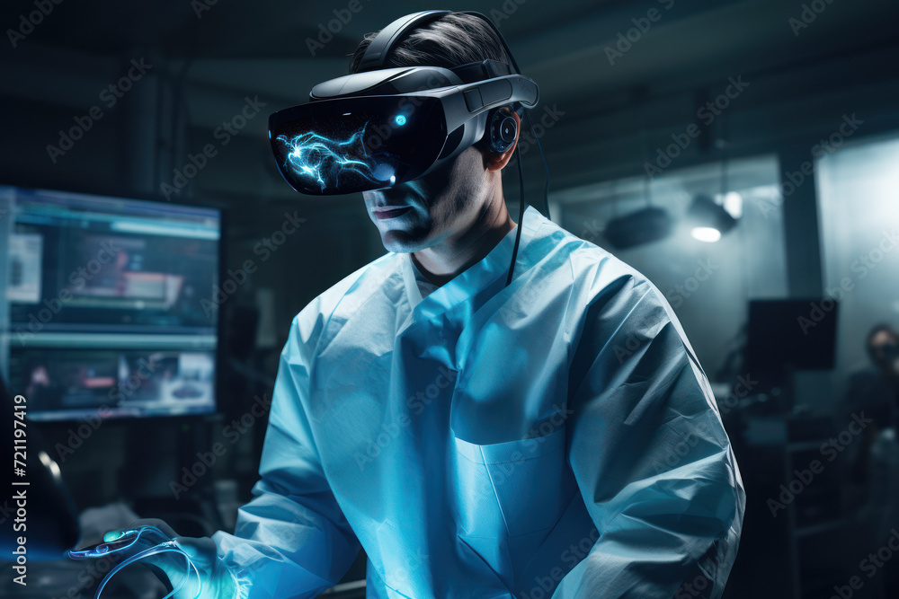A doctor using virtual reality to simulate surgery, showcasing the use of advanced technology in medicine. Concept of technological advancement in healthcare. Generative Ai. A doctor using virtual reality to simulate surgery, showcasing the use of advanced technology in medicine. Concept of technological advancement in healthcare. Generative Ai.