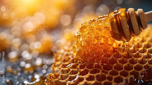 Honey close-up. Amber sweet honey in honeycomb. Transparent honey flows down the honeycomb photo