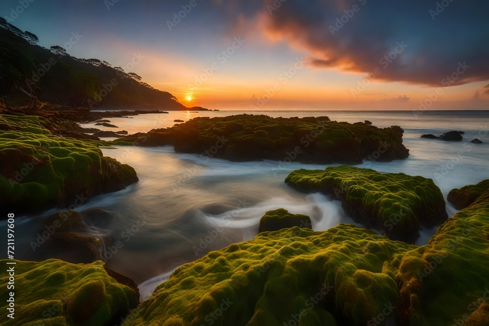 Beautiful seascape with sea wave hitting the green moss Beautiful seascape with sea wave hitting the green moss