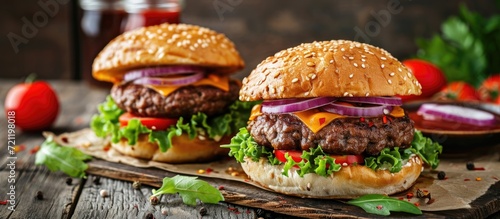 Two tasty homemade beef burgers with cheese  vegetables  and condiments on a table.
