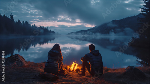Camping in the mountains near lake in the evening nighttime in the forest, couple relaxes around a campfire on a hilltop, overlooking a serene lake, hiking holidays vacation concept