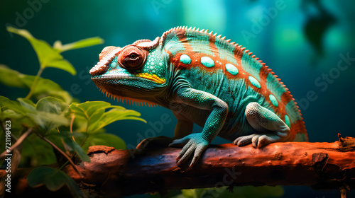 Colorful chameleon on a branch in the forest. Wildlife scene with chameleon background